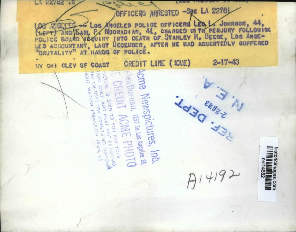 1943 Press Photo L. Johnson and E. Mooradian LA Policemen Charged With Perjury