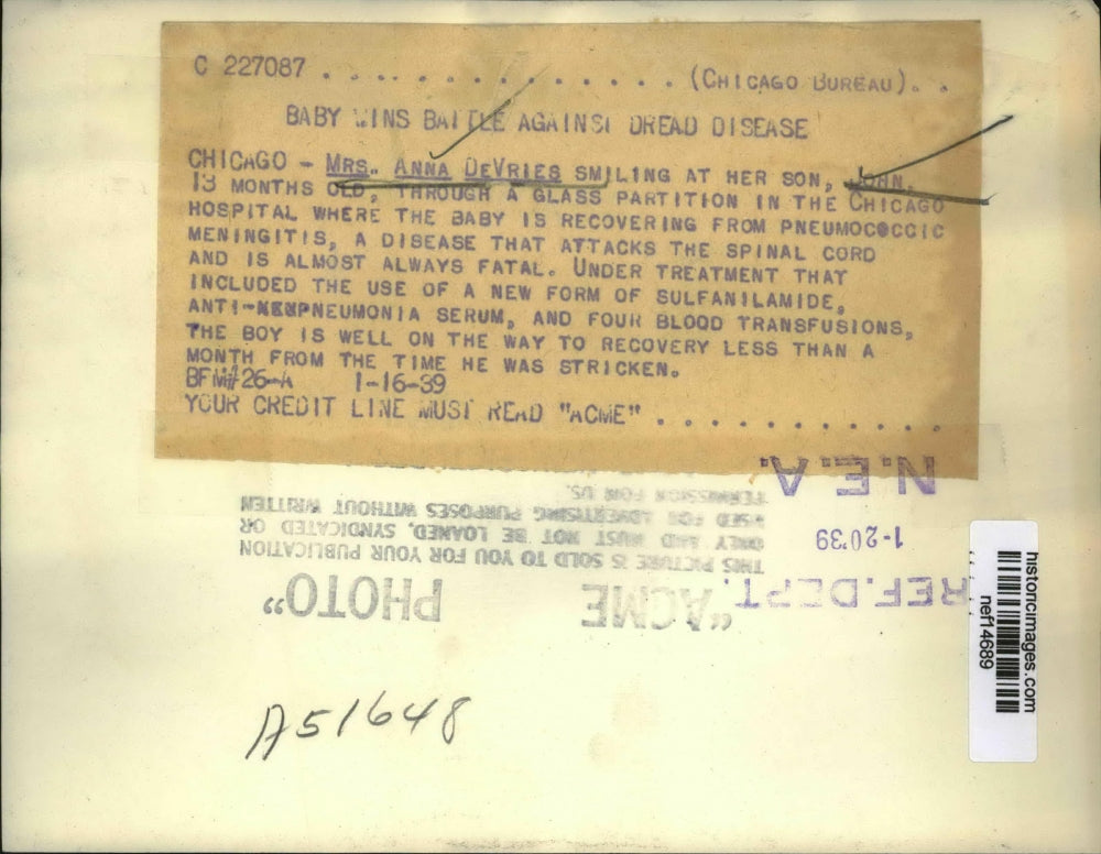 1939 Press Photo Baby Boy Recovering From Pneumococic Meningitis - nef14689