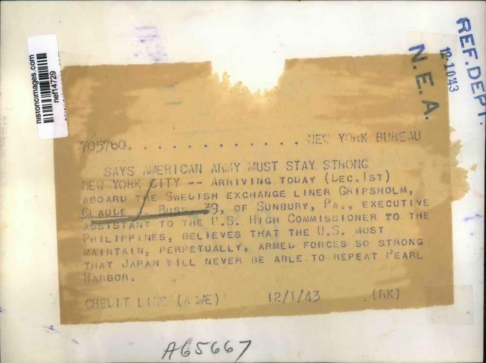 1943 Press Photo Claude Buss Executive Assistant to U.S. High Commissioner