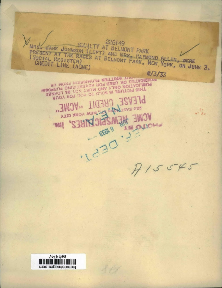 1933 Press Photo Mrs.Jane Johnson and Mrs.Raymond Allen at Belmont Park