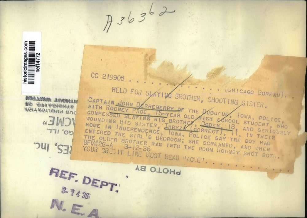 1936 Press Photo Rodney Pace student held for Slaying Brother, shooting Sister