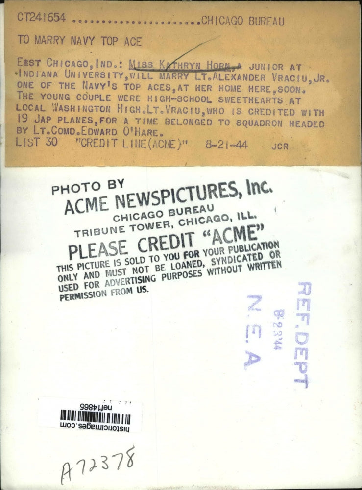 1944 Press Photo Ms Horn Junior at Indiana University To Marry Lt. Alex Vraciu