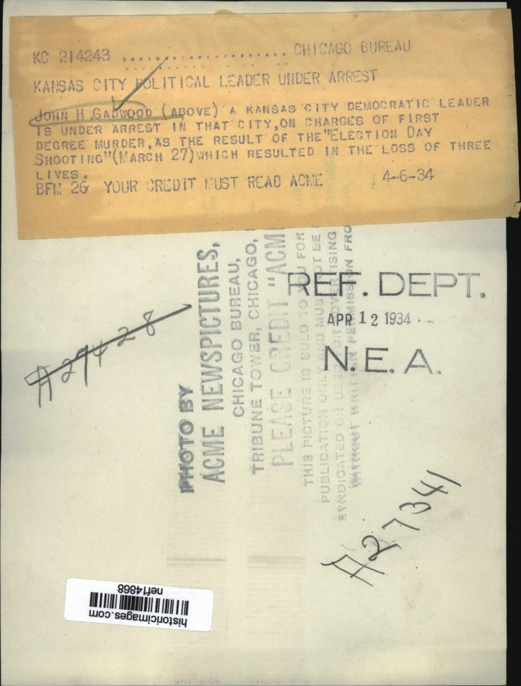 1934 Press Photo John Gadwood Kansas City Polital Leader Under Arrest