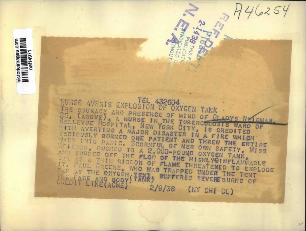 1938 Press Photo Gladys Weigman averts explosion of oxygen tank - nef14971