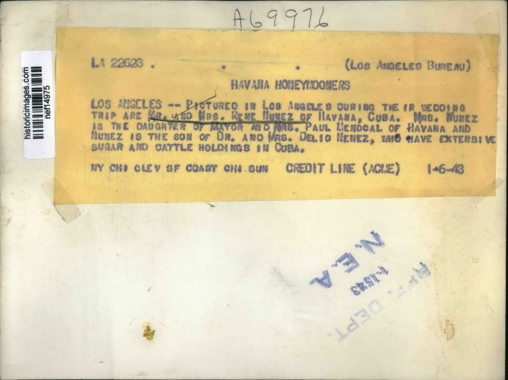 1943 Press Photo Mr. and Mrs.Rene Nunez during their honeymoon in Havana,Cuba