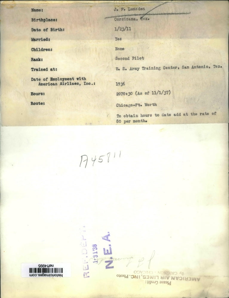 1938 Press Photo Second Pilot J.F. Lumsden To Fly Chicago-Fort Worth Route