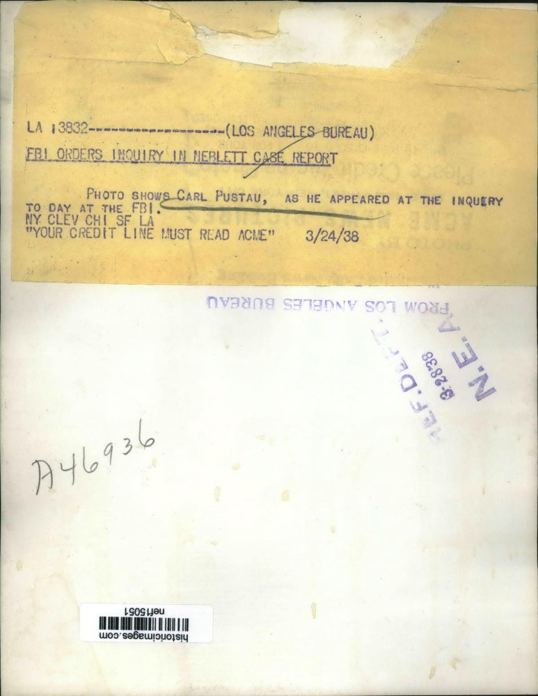 1938 Press Photo Carl Pasuau As He Appeared At Inquiry Today at the FBI