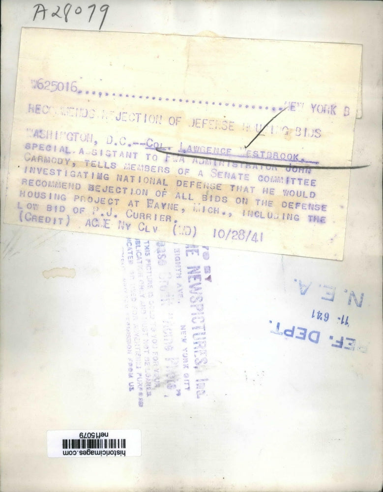 1941 Press Photo Recommends Rejection of Defense of All Bids On Housing Project