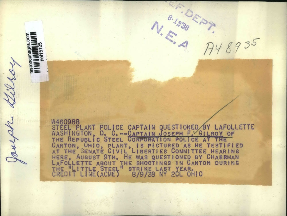 1938 Press Photo Joseph F. Gilroy Testifies at Senate Civil Liberties Committee