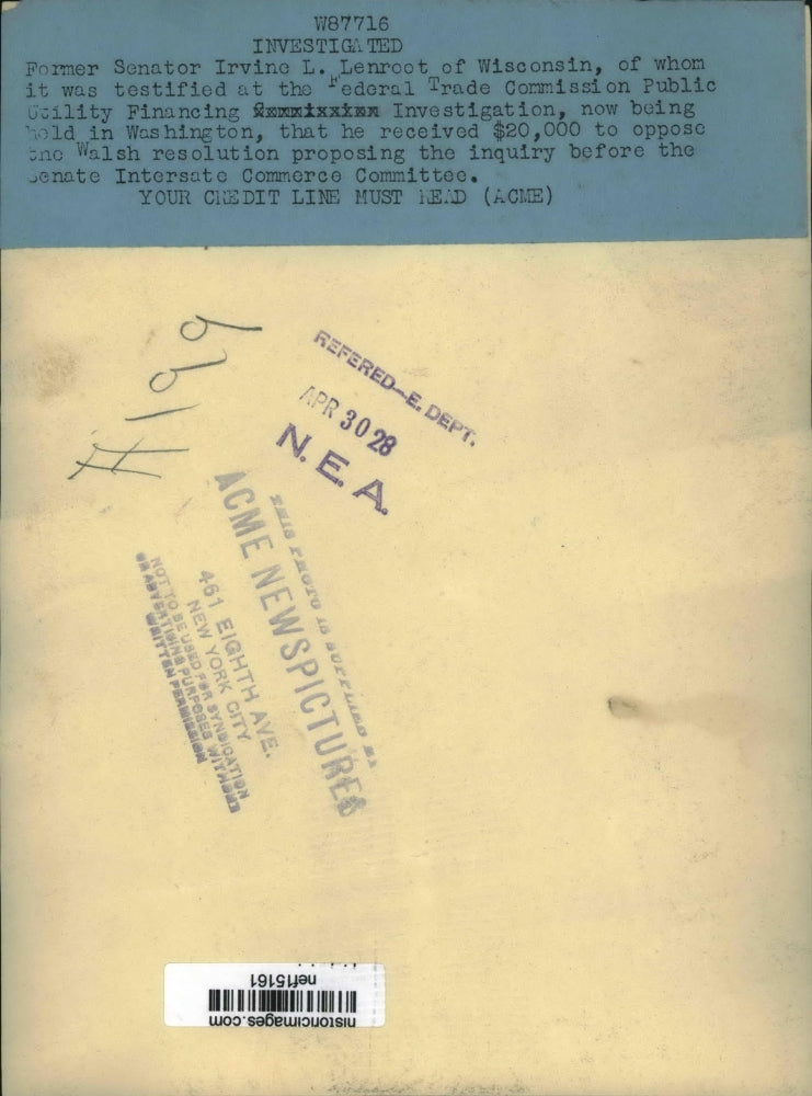 1928 Press Photo Irvine L. Lenroot, Wisconsin Senator - nef15161