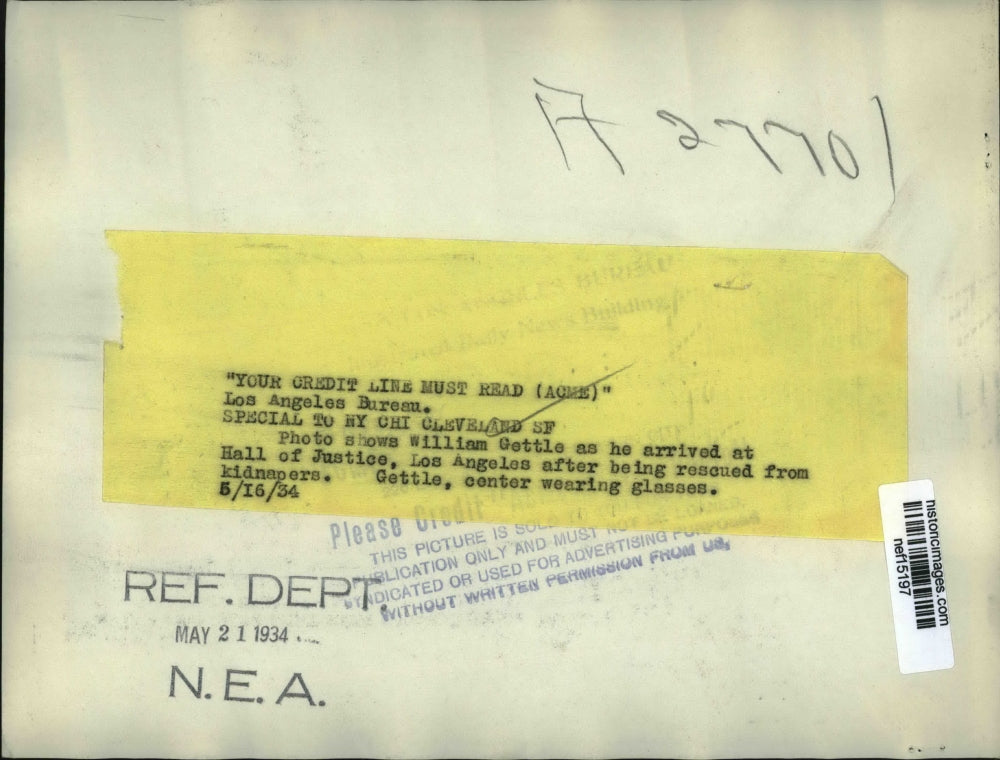 1934 Press Photo Kidnapping Victim William Gettle at hall of Justice Los Angeles