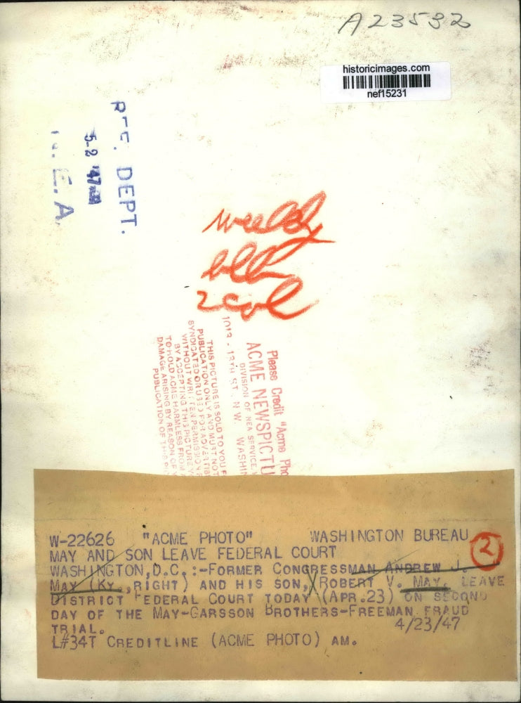 1947 Press Photo May and Son Leave Federal Court of The May-Garsson Fraud Trial