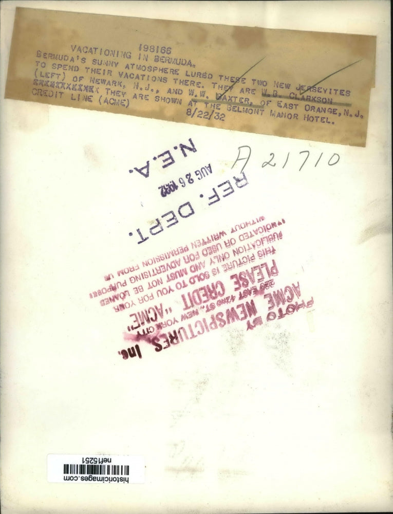 1932 Press Photo W.B. Clarkson and W.W. Baxter Vacationing In Bermuda