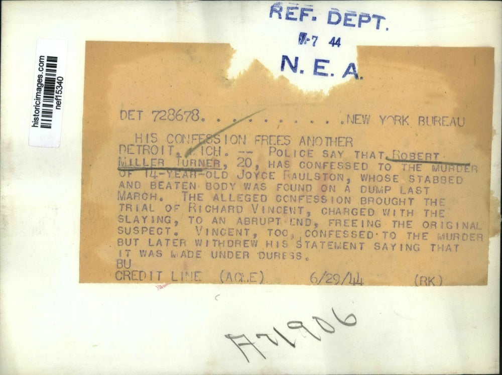 1944 Press Photo Robert Miller Turner confessed to the murder of Joyce Rauldton