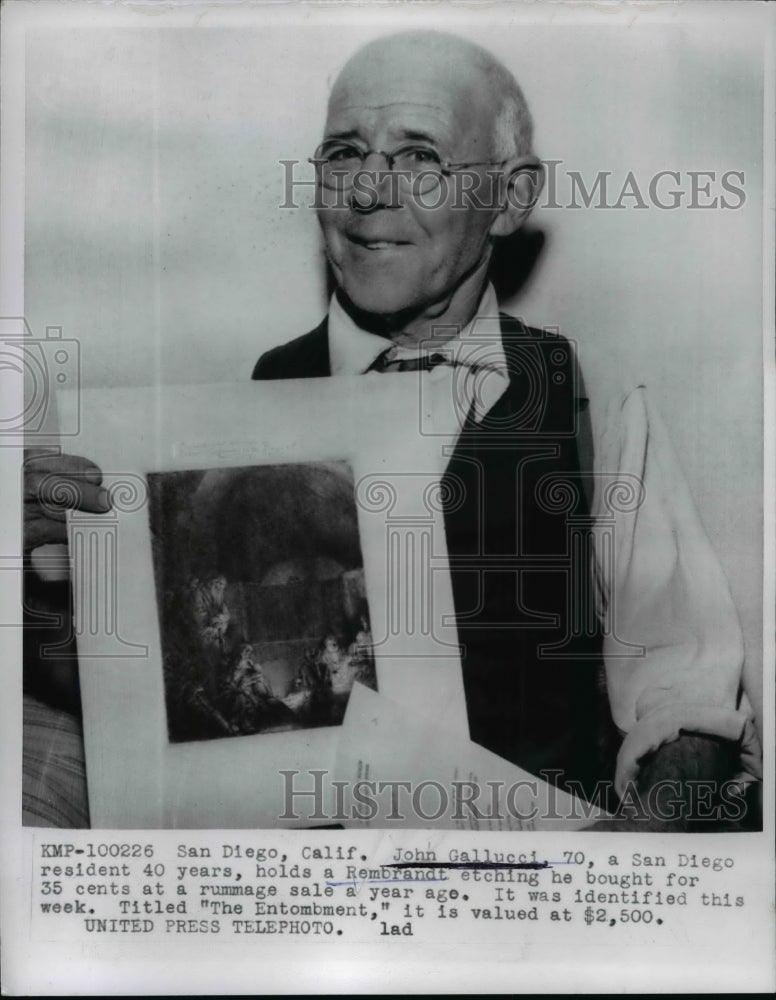 1955 Press Photo John Calucci holds a Rembrant etching he bought for 35 cents