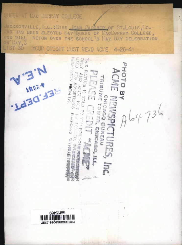 1941 Press Photo Ms Jean Wagoner Elected May Queen of MacMurray College