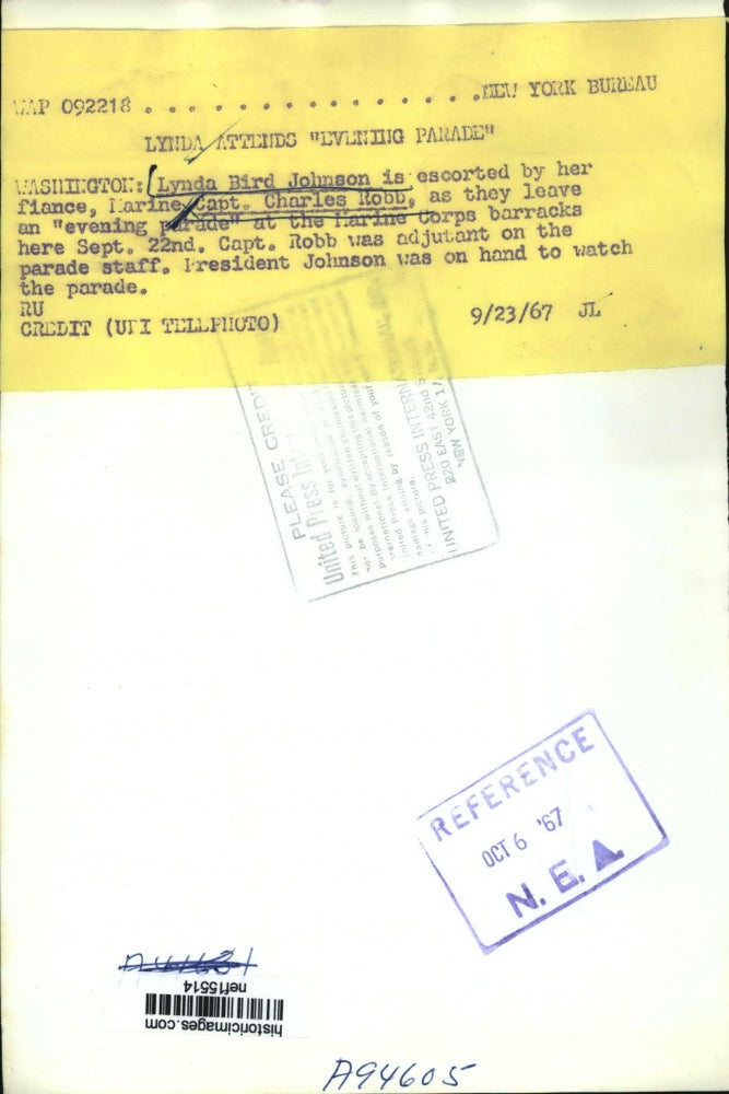 1967 Press Photo Lynda Bird Johnson & Charles Robb Leaving Marine Corps Parade