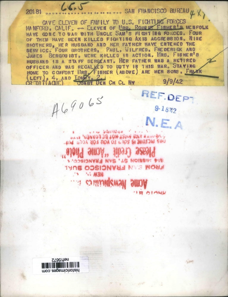 1942 Press Photo Eleven of Mrs Fisher's Menfolk Have Gone to War With Uncle Sam