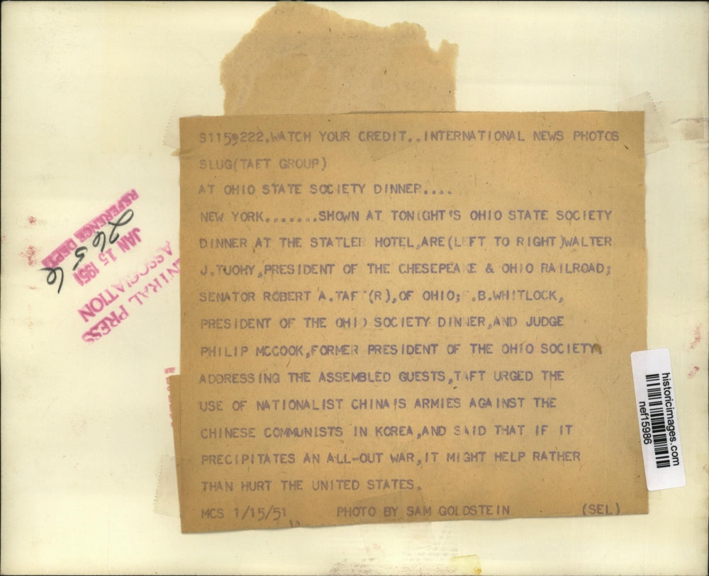 1951 Press Photo Robert Taft and Officials at Ohio State Society Dinner