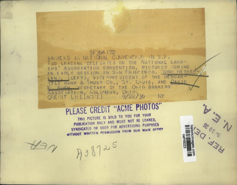 1936 Press Photo Wood Netherland and David Auch Attend Banker's Convention