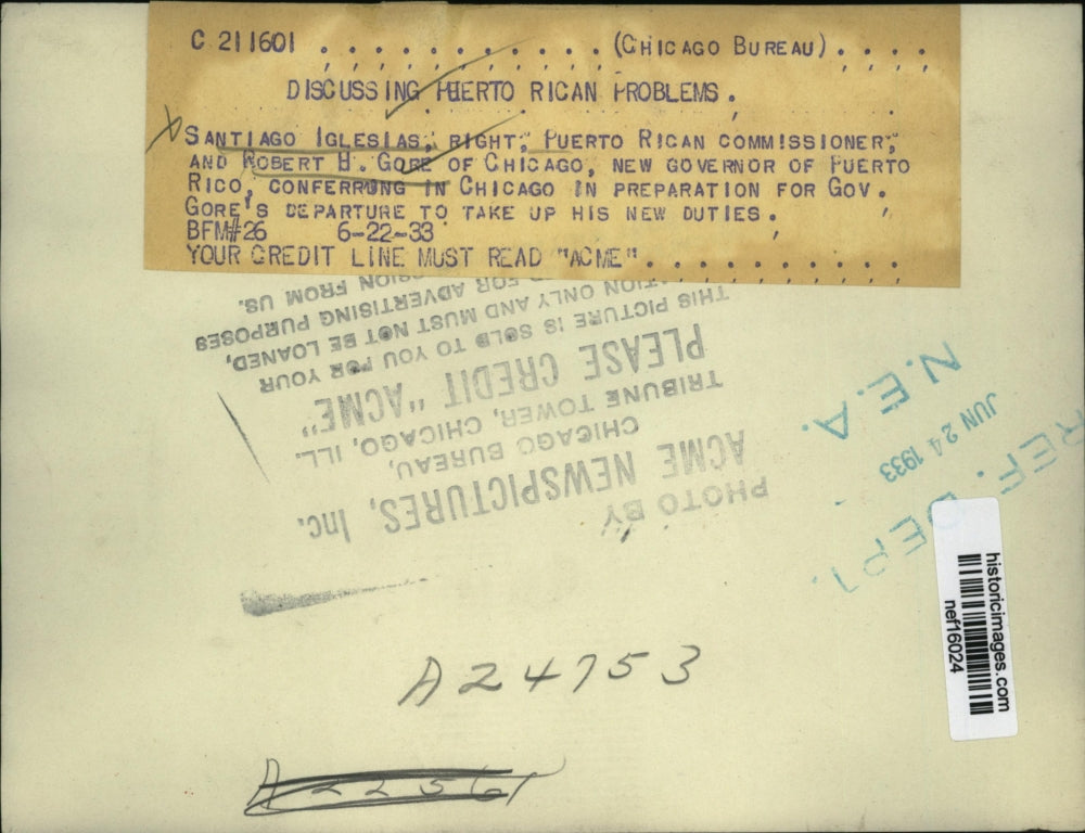 1933 Press Photo A. Iglesias and R. Gore Discuss Puerto Rica Problems