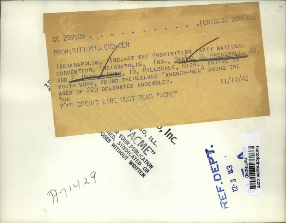 1943 Press Photo D. Pressnall and H. Munn Attend Prohibition National Covention