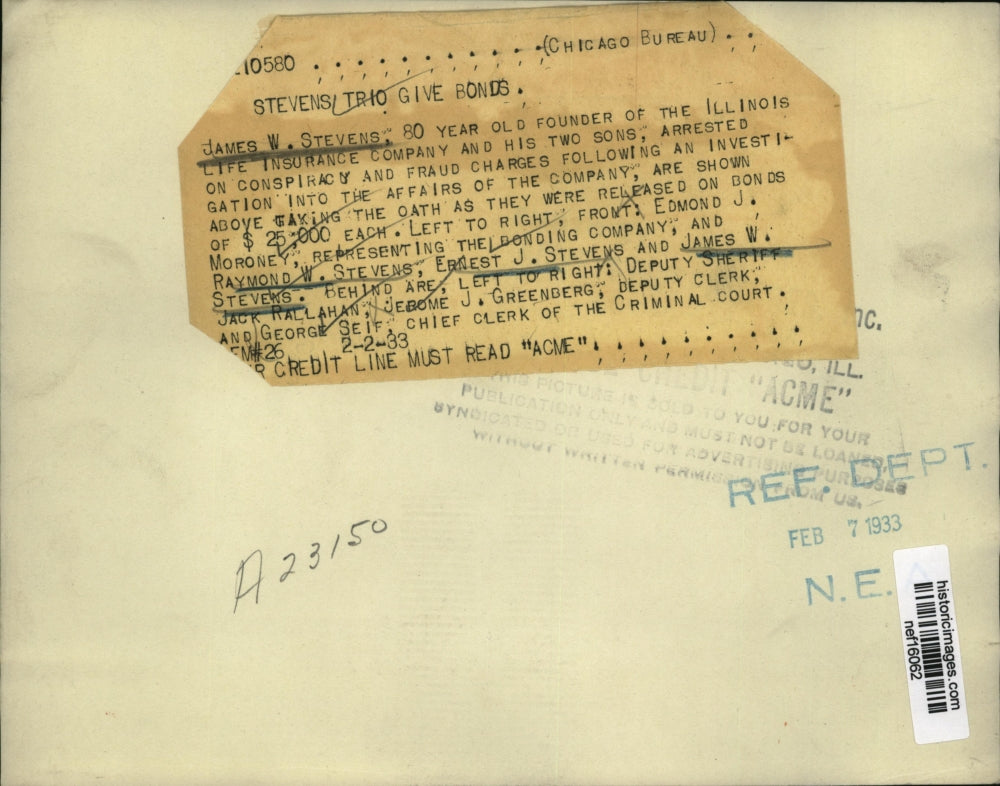 1933 Press Photo J. Stevens Founder of the Illinois Life Insurance Co Arrested