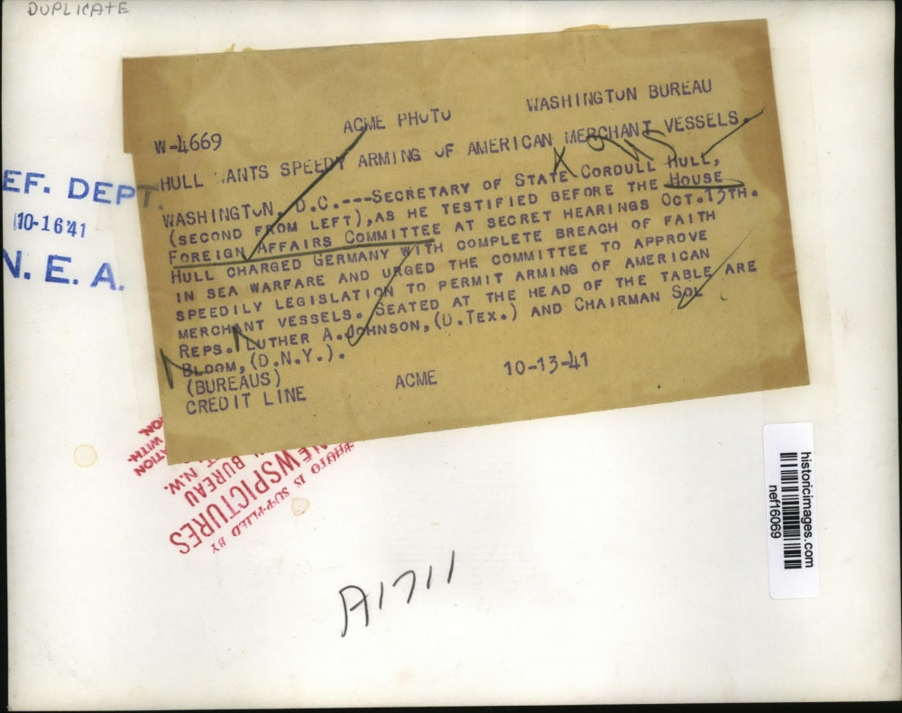 1941 Press Photo Cordull Hull Wants Speedy Arming of American Merchant Vessels