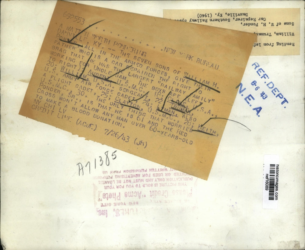 1943 Press Photo William H. Ponder's Seven Sons Are All In the Armed Forces