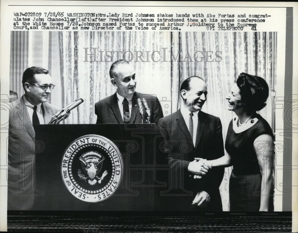 1965 Press Photo First Lady Johnson Greets Abe Fortas and John Chancellor