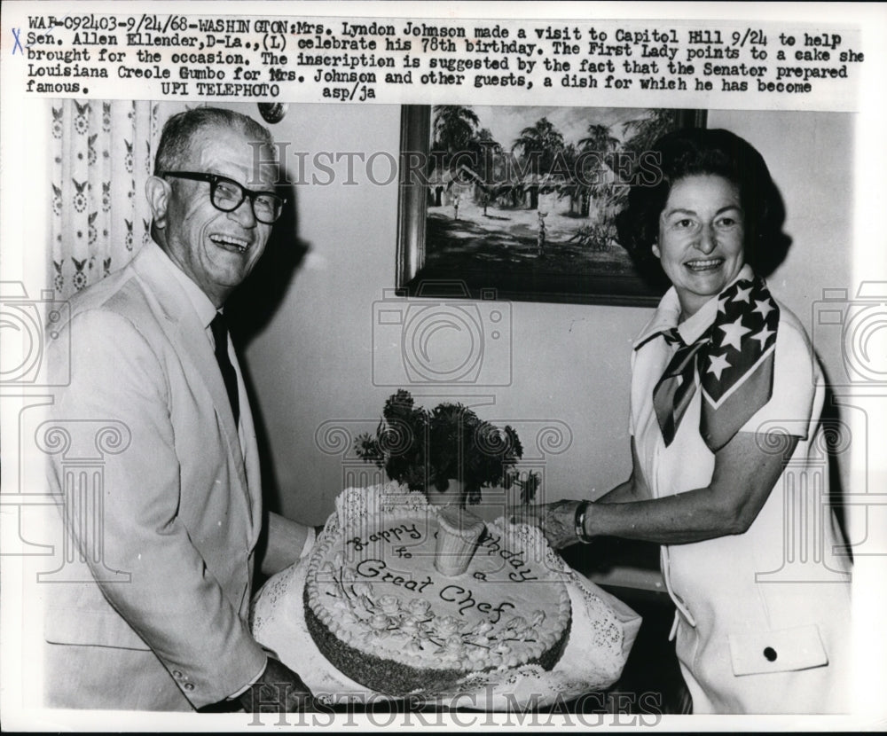1968 Press Photo Mrs.Lyndon Johnson help Sen. Allan Ellender carry his cake