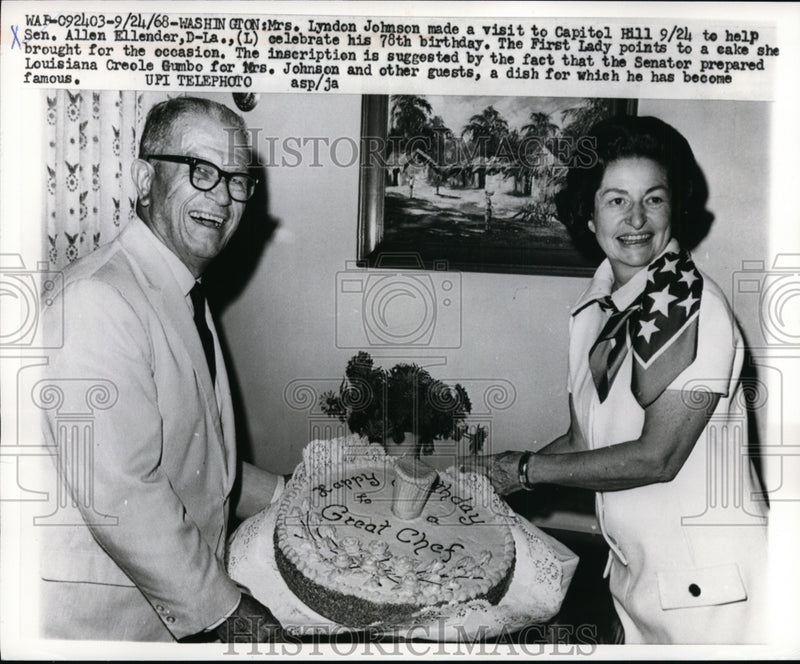 Load image into Gallery viewer, 1968 Press Photo Mrs.Lyndon Johnson help Sen. Allan Ellender carry his cake
