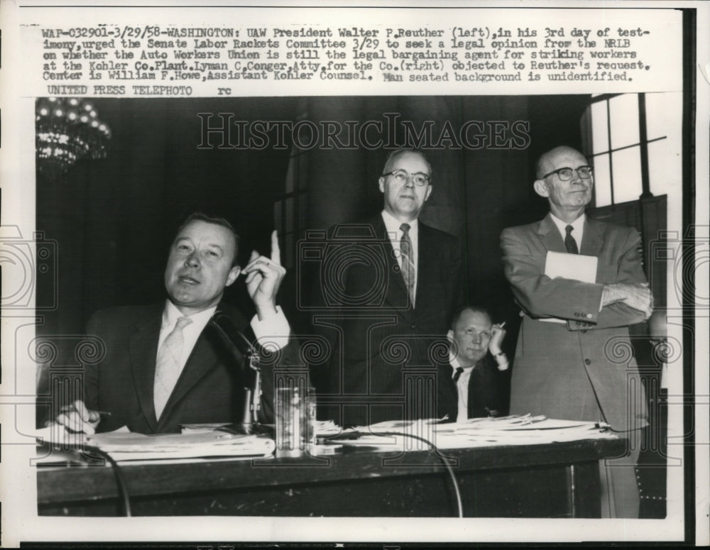 1958 Press Photo Walter Reuther (L) In His Third Day of Testimony - nef16210