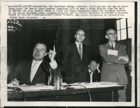 1958 Press Photo Walter Reuther (L) In His Third Day of Testimony - nef16210
