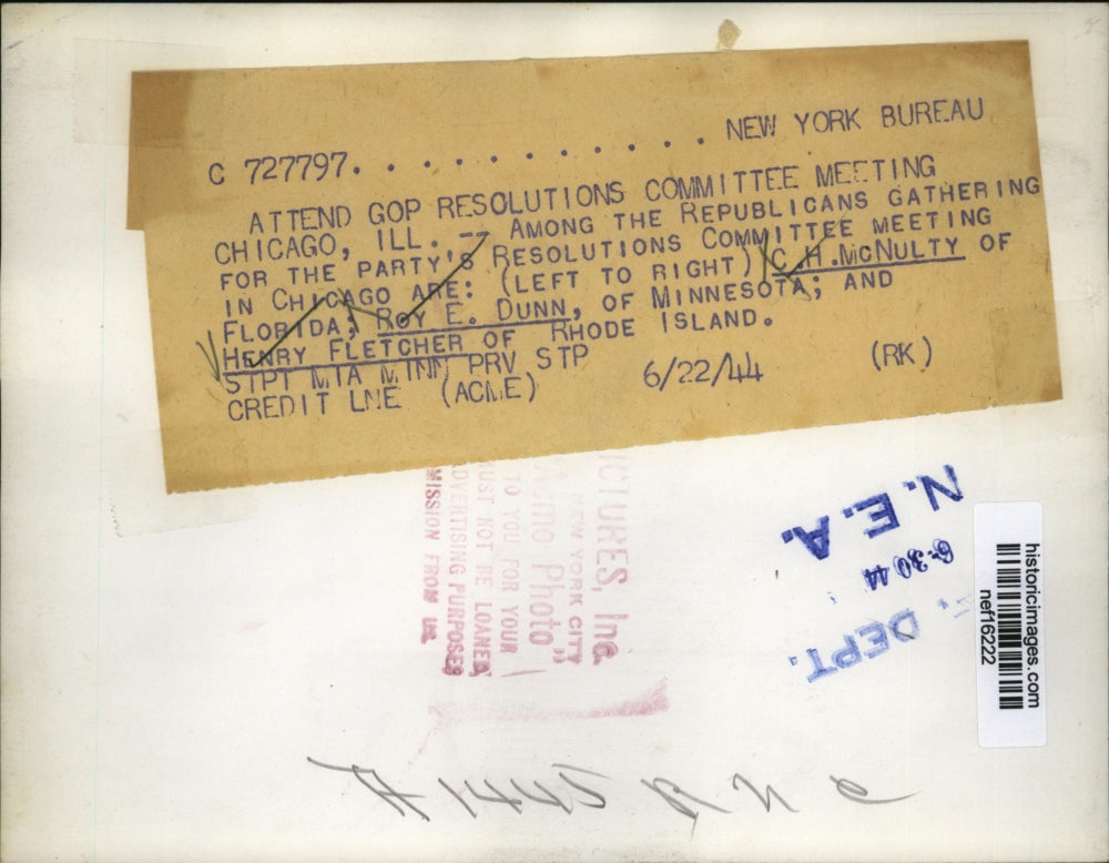 1944 Press Photo C.H. McNulty Roy Dunn and Henry Fletcher Attend GOP Meeting