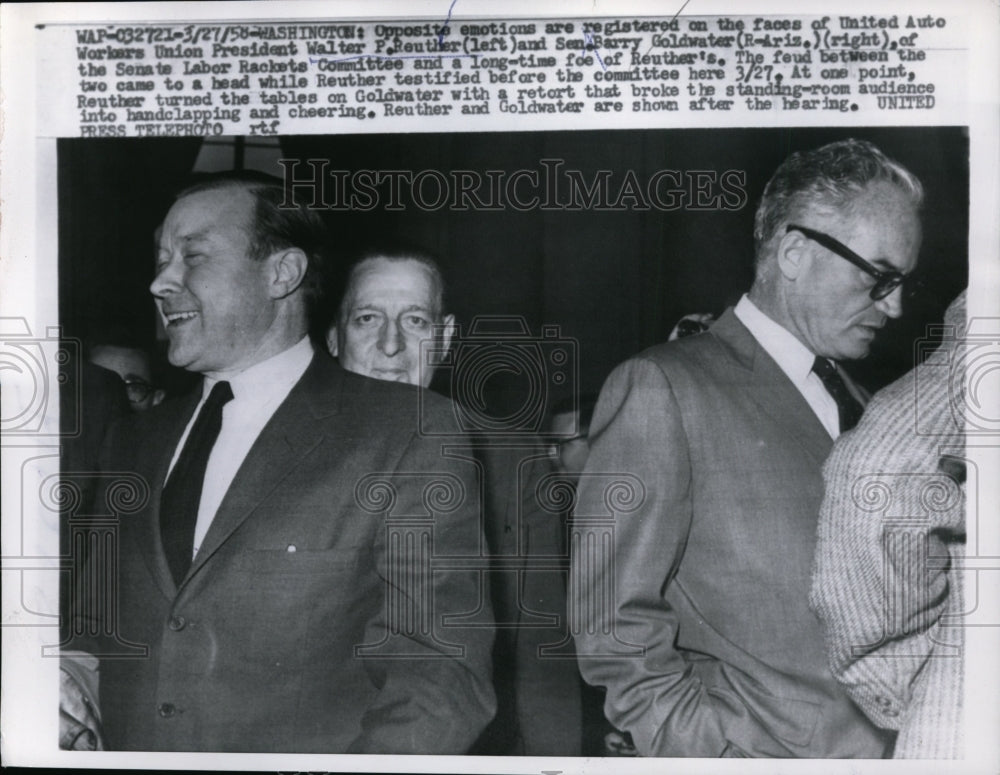 1958 Press Photo Walter Reuther of UAW, Senator Barry Goldwater in Washington
