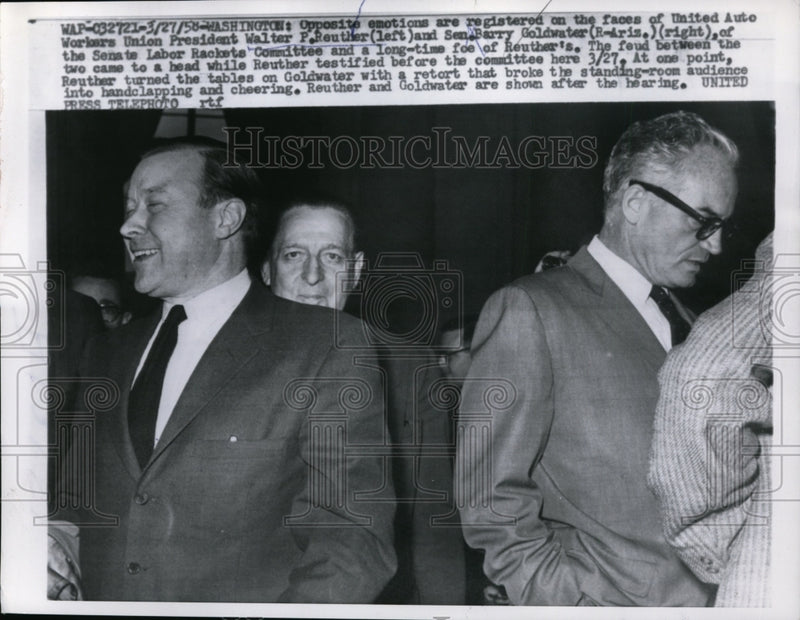 Load image into Gallery viewer, 1958 Press Photo Walter Reuther of UAW, Senator Barry Goldwater in Washington
