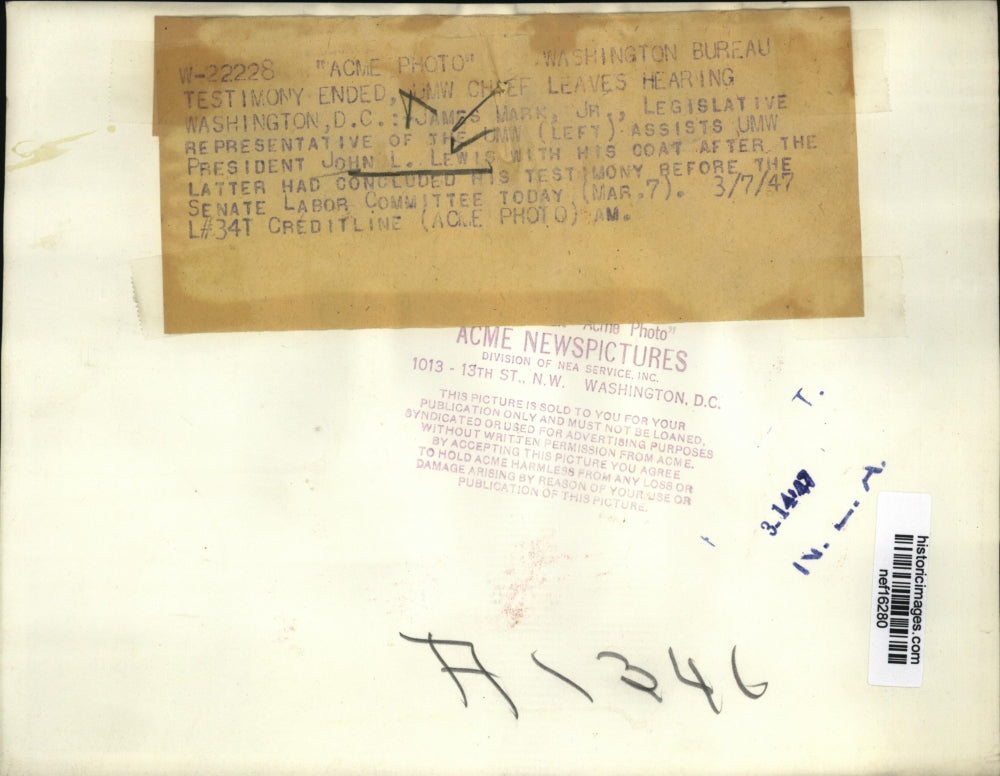 1947 Press Photo James Mark, Jr. & John L. Lewis of UMW Leaving Senate Hearing