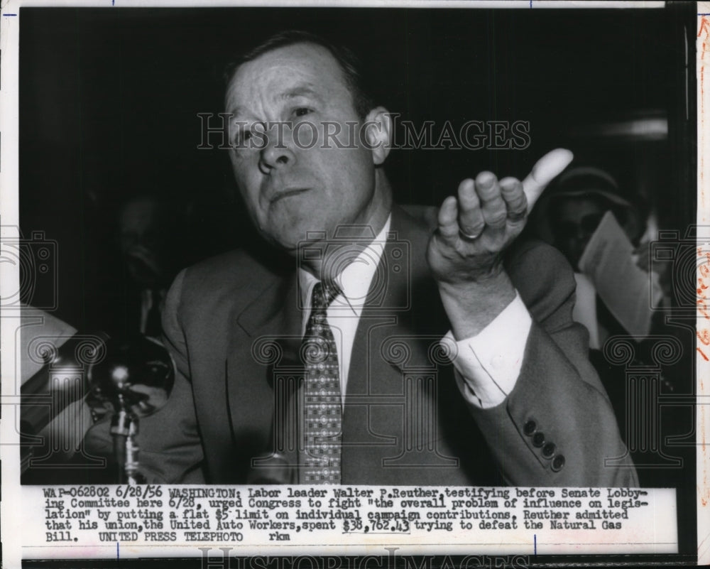 1956 Press Photo Walter Reuther of UAW at Senate Lobbying Committee Hearing