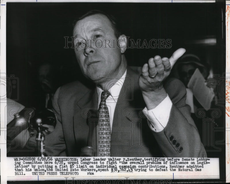 Load image into Gallery viewer, 1956 Press Photo Walter Reuther of UAW at Senate Lobbying Committee Hearing
