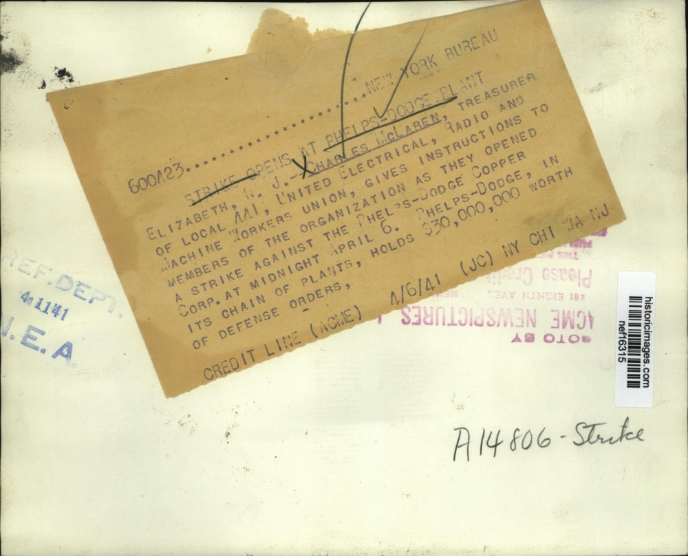 1941 Press Photo UE Strikers at Phelps-Dodge Copper Corp., Elizabeth, New Jersey