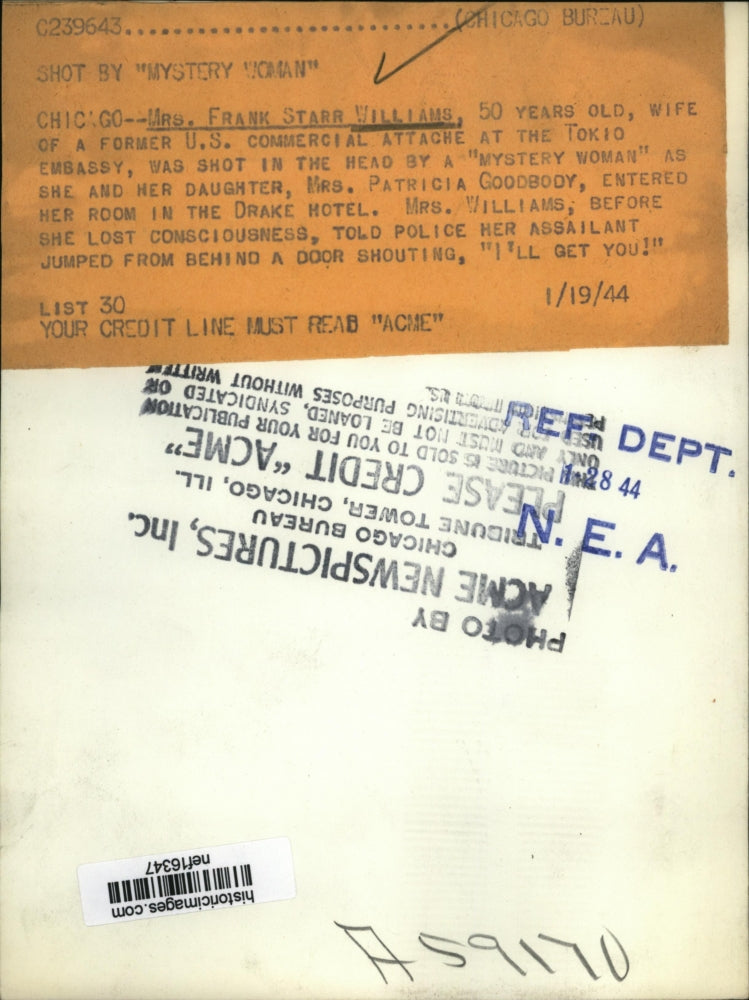 1944 Press Photo Mrs. Frank Starr Williams, Shot at Drake Hotel - nef16347