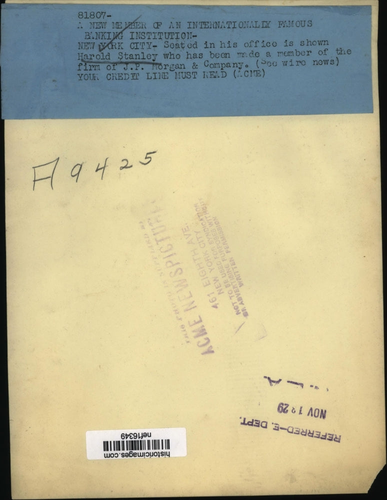 1929 Press Photo Harold Stanley of J.P. Morgan & Company at His Desk - nef16349