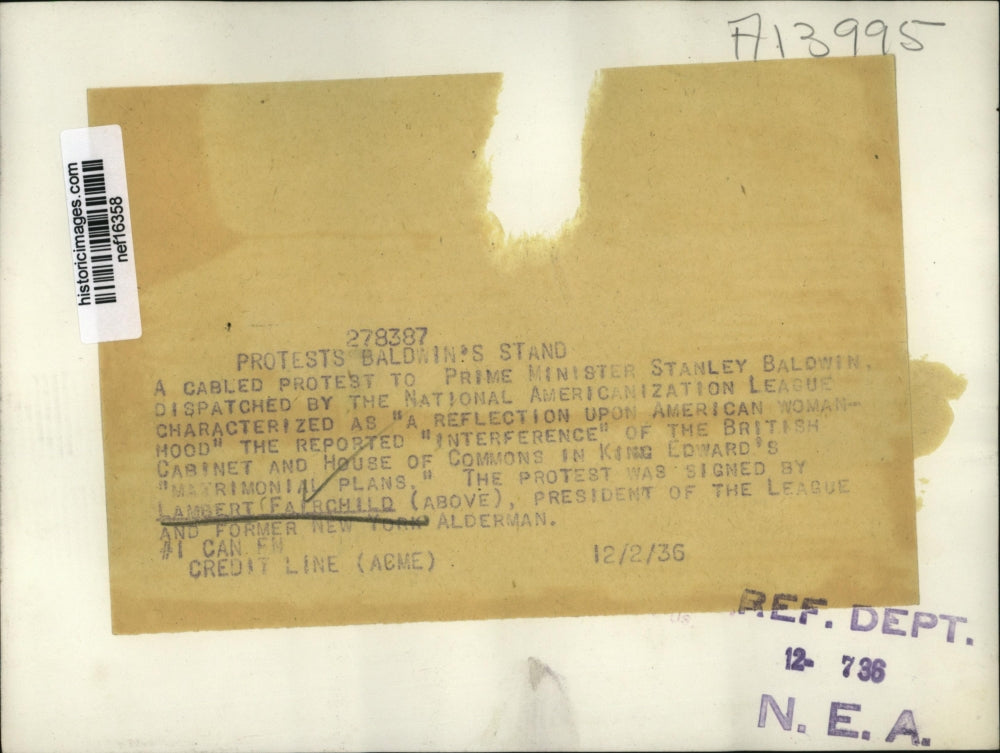 1936 Press Photo Lambert Fairchild of National Americanization League