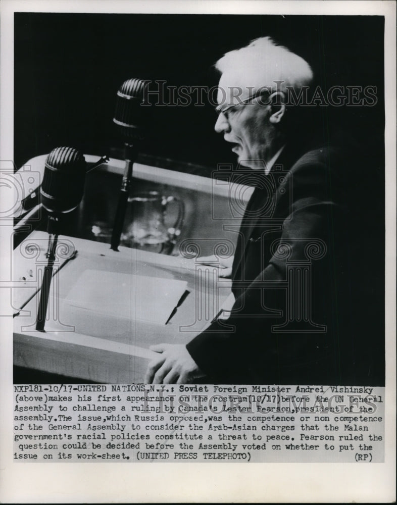 1952 Press Photo Andrei Vishinsky Addressing United Nations General Assembly