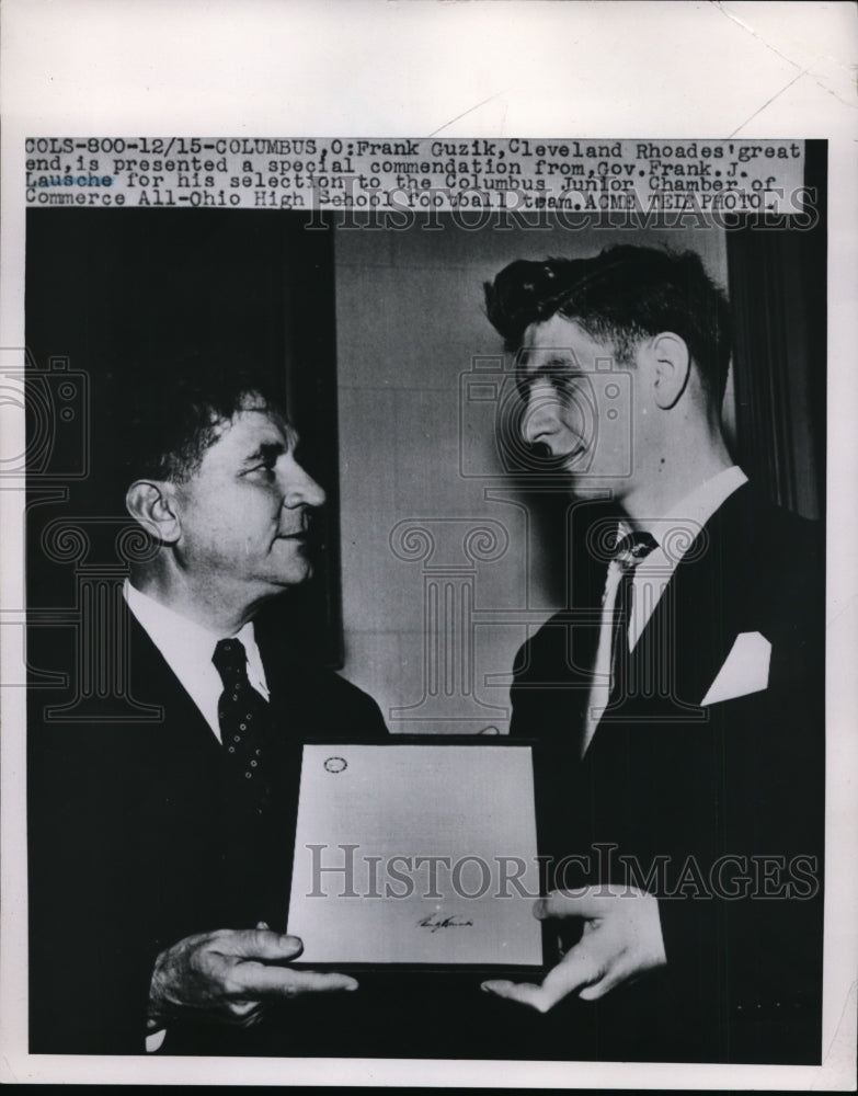 1951 Press Photo Frank Guzik Selected to All-Ohio Football Team by Frank Lausche