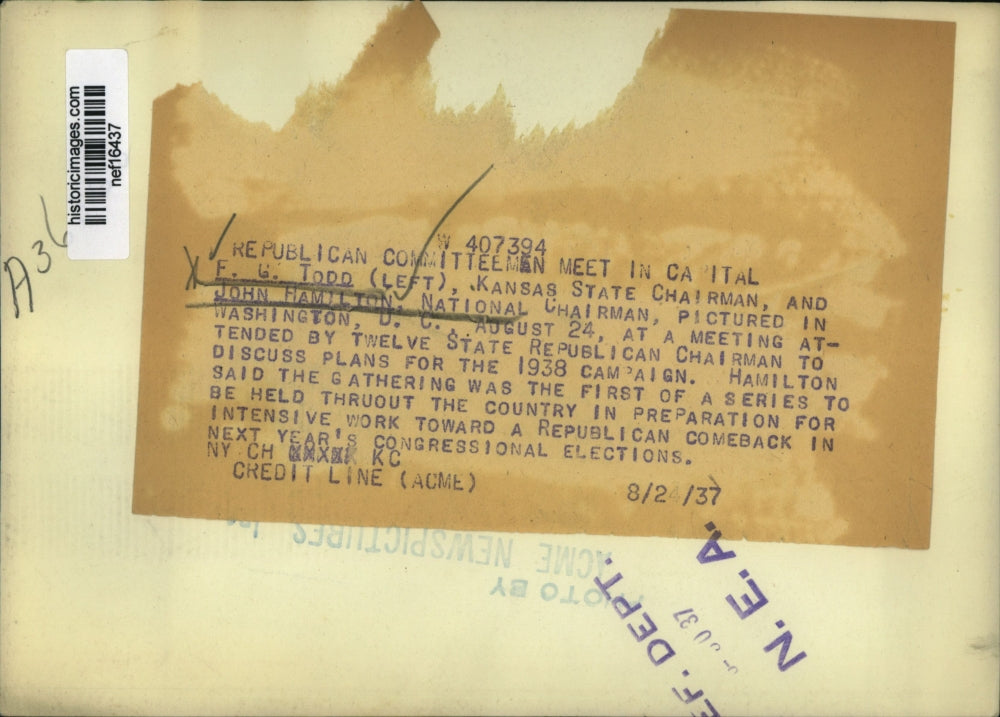 1937 Press Photo F.G. Todd & John Hamilton at Republican Committee Meeting, D.C.