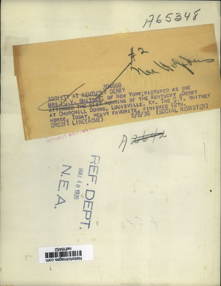 1935 Press Photo Mrs C.V. Whitney at Kentucky Derby - nef16452