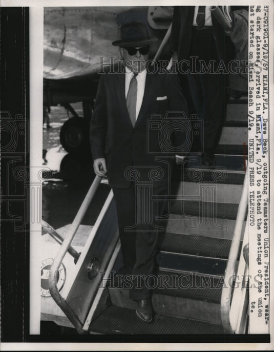1957 Press Photo Dave Beck, Teamster Union Leader arrived in Miami Florida