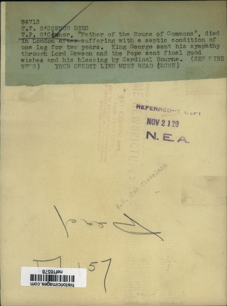 1929 Press Photo T.P. O'Conner - nef16578